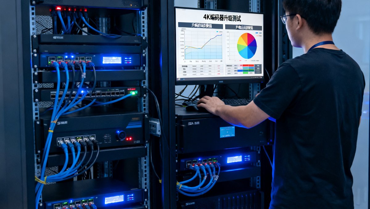 SA视讯技术人员在机房进行4K编码器升级测试，屏幕显示画质对比数据
