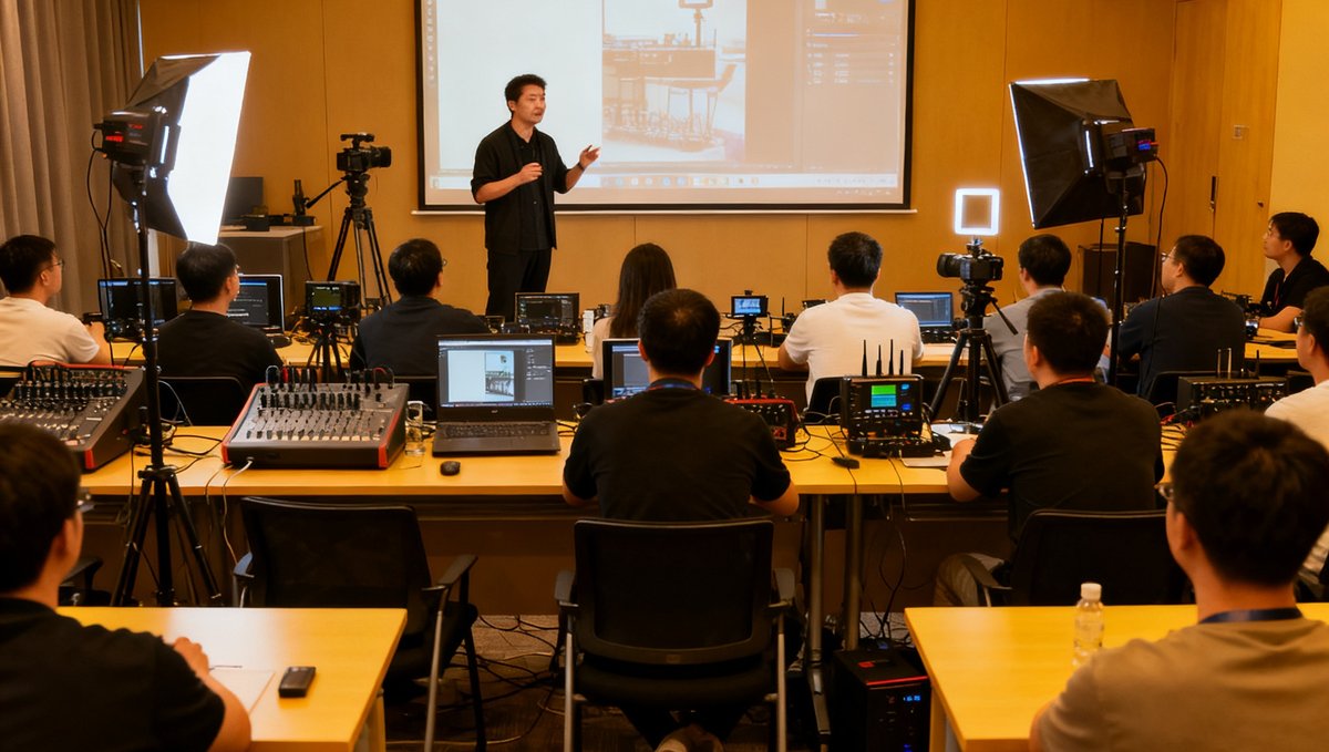 SA视讯培训教室内座无虚席，讲师正在大屏幕前讲解直播设备操作要点